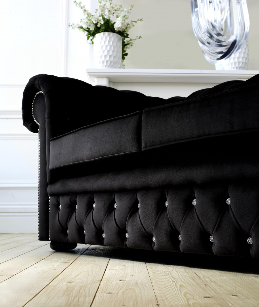 Diamante Velvet Chesterfield - 3 Seater - Black