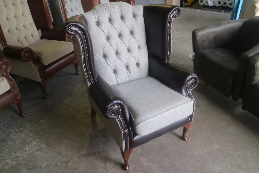 Luxury Queen Anne Wing Chair - Fabric MOON DEEPDALE MUSHROOM & Leather DARK BROWN TRUFFLE