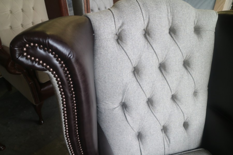 Luxury Queen Anne Wing Chair - Fabric MOON DEEPDALE MUSHROOM & Leather DARK BROWN TRUFFLE