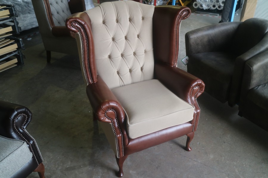 Luxury Queen Anne Wing Chair - Fabric Napa Suede & Leather VINTAGE English Hazel