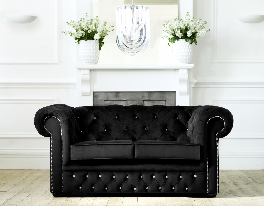 Diamante Velvet Chesterfield - 2 Seater - Black