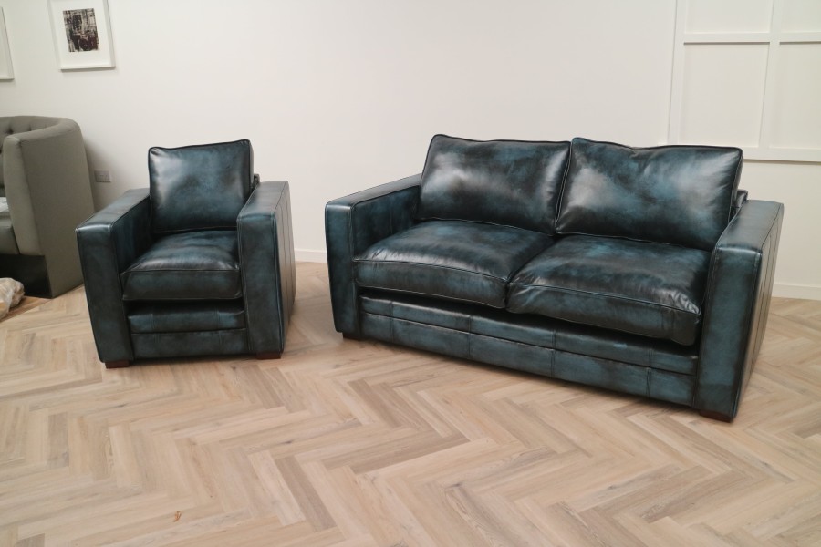 Trafalger leather sofa suite - 3 Seater + Chair - Antique Blue