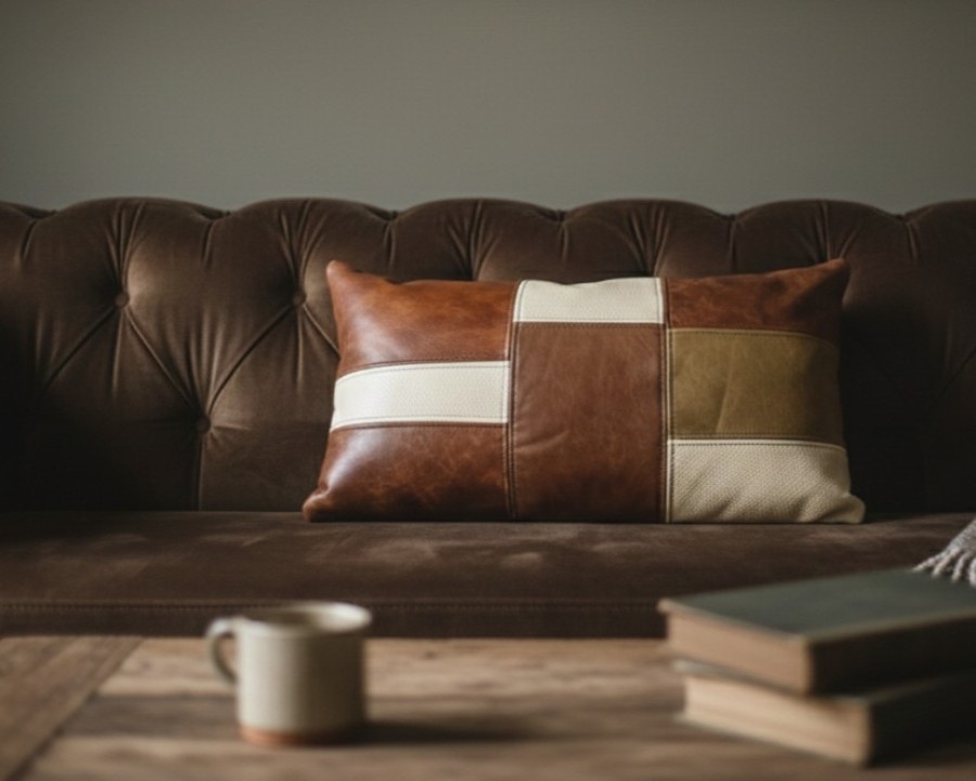 Leather Patchwork Bolster Cushion