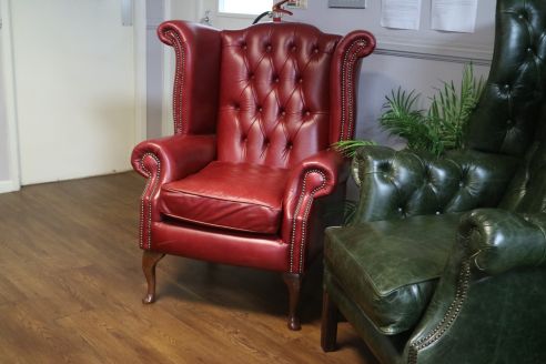 Scroll Wing Leather Chair - Old English Gamay